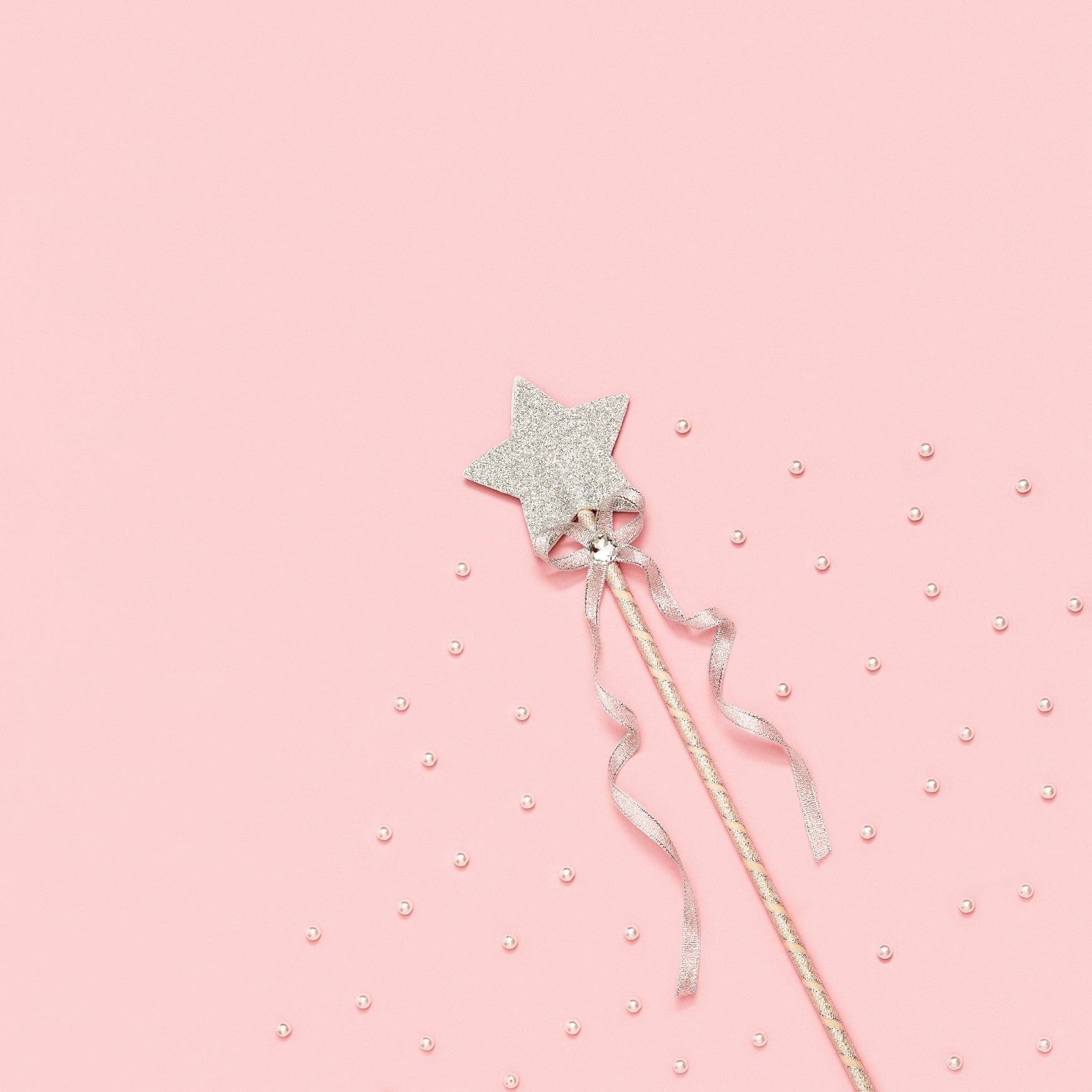 Magic Wand, Bright Silver Star with Shine on Light Pink Background with White Beads.